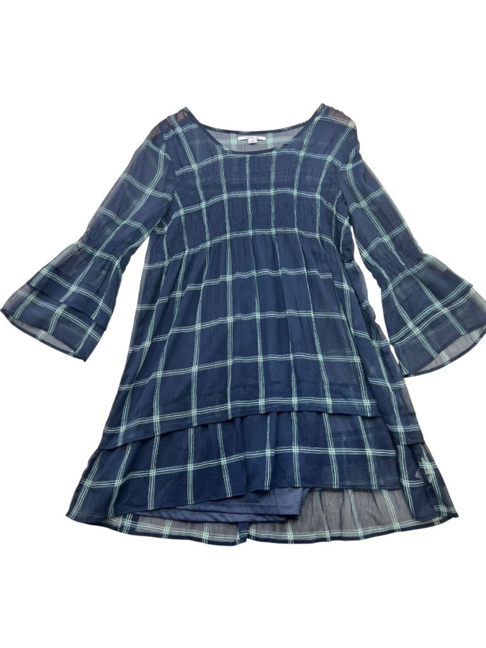 O'Neill Women's Ruffle Smocked Mini Dress Long Sleeve Sz M Navy Blue White Plaid